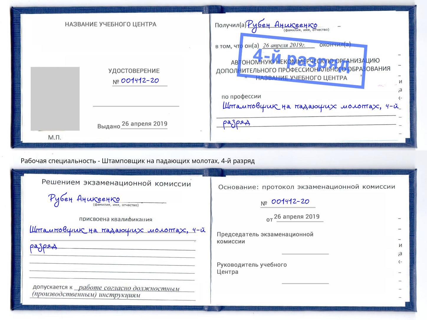 корочка 4-й разряд Штамповщик на падающих молотах Петропавловск-Камчатский