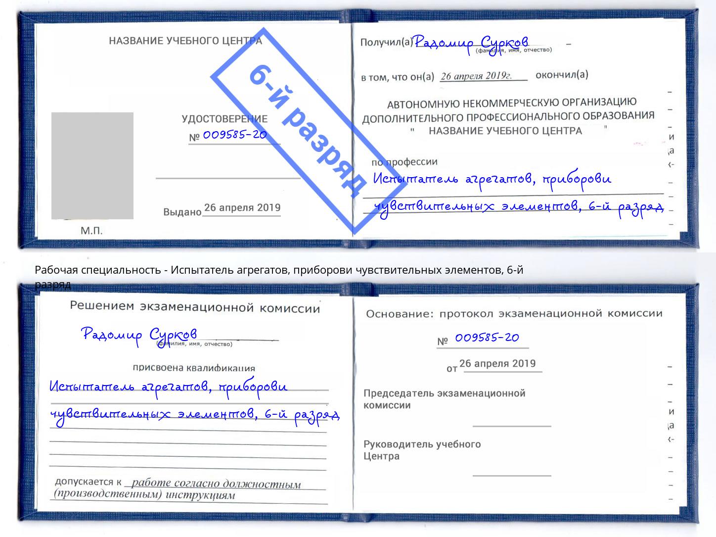 корочка 6-й разряд Испытатель агрегатов, приборови чувствительных элементов Петропавловск-Камчатский