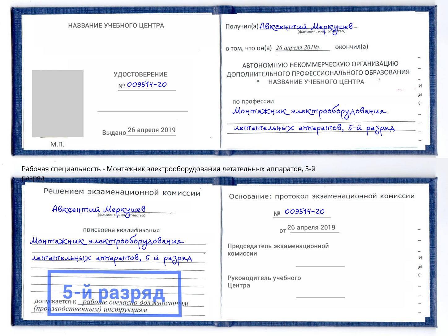 корочка 5-й разряд Монтажник электрооборудования летательных аппаратов Петропавловск-Камчатский