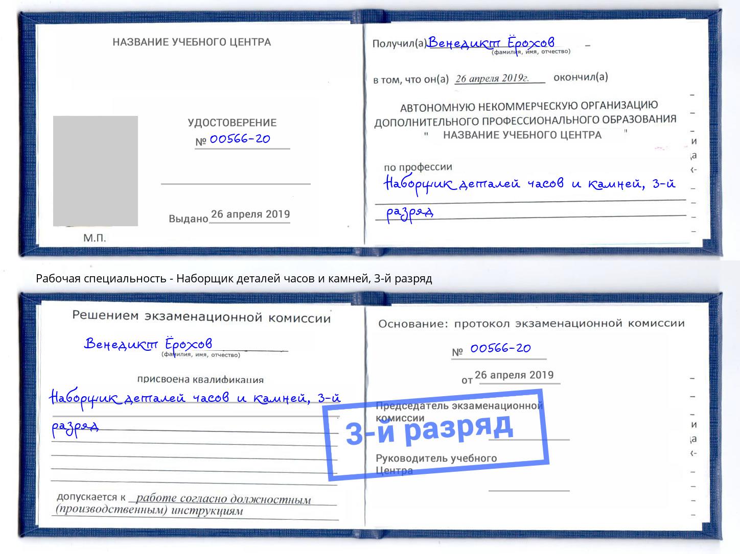 корочка 3-й разряд Наборщик деталей часов и камней Петропавловск-Камчатский