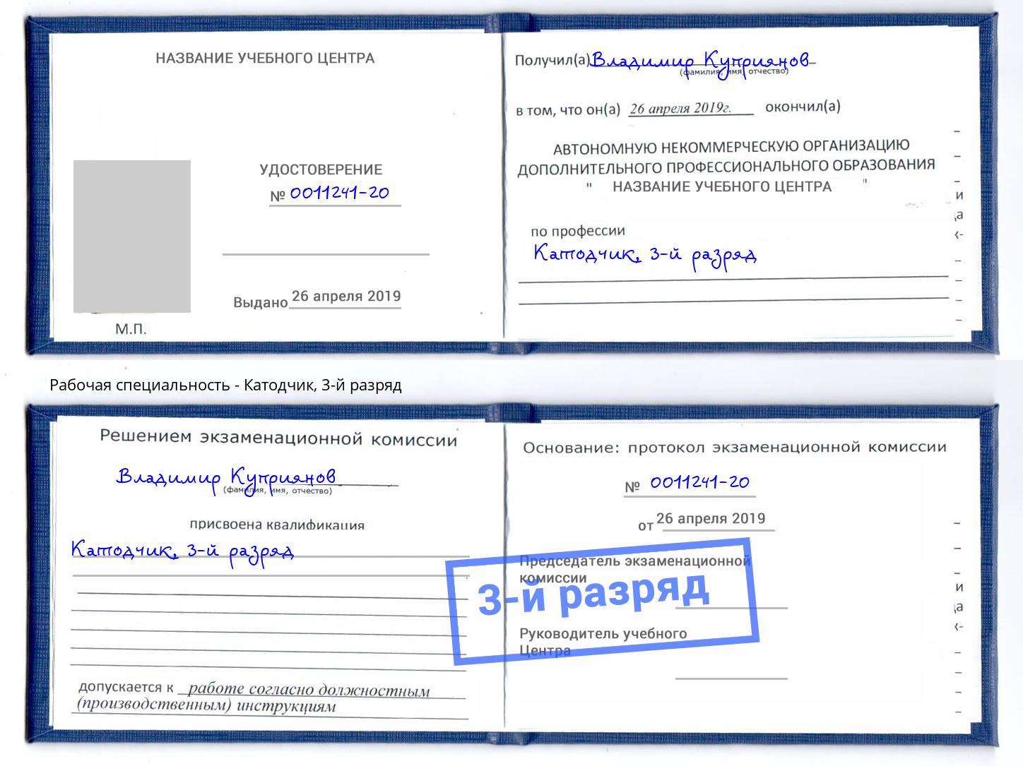 корочка 3-й разряд Катодчик Петропавловск-Камчатский