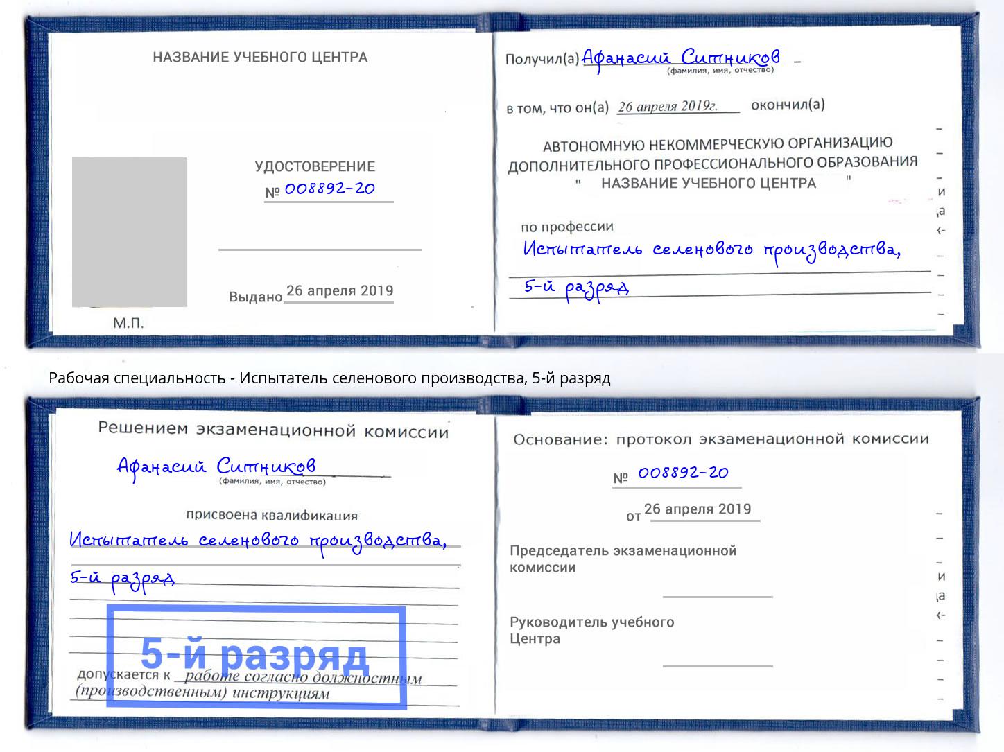 корочка 5-й разряд Испытатель селенового производства Петропавловск-Камчатский