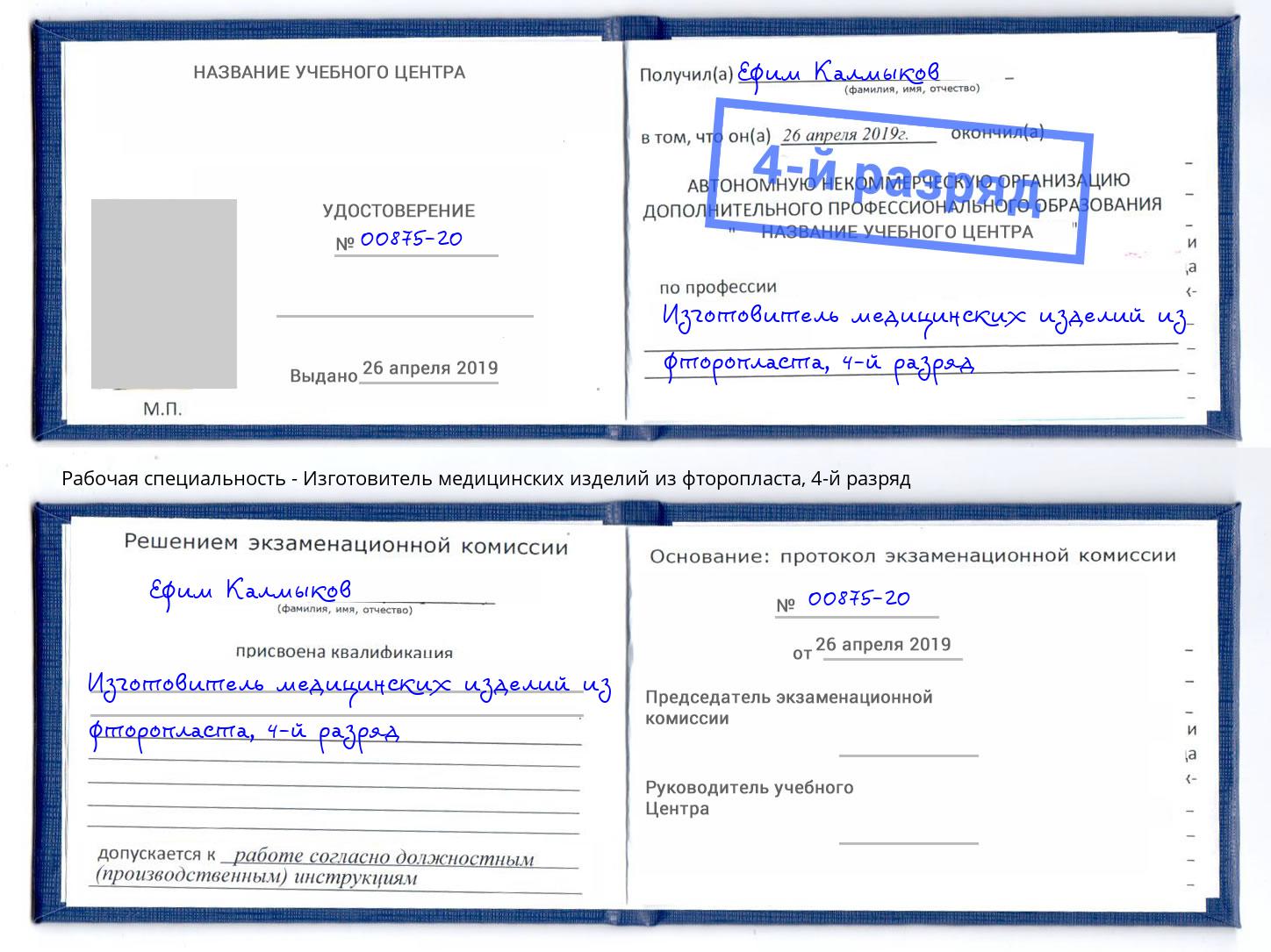 корочка 4-й разряд Изготовитель медицинских изделий из фторопласта Петропавловск-Камчатский