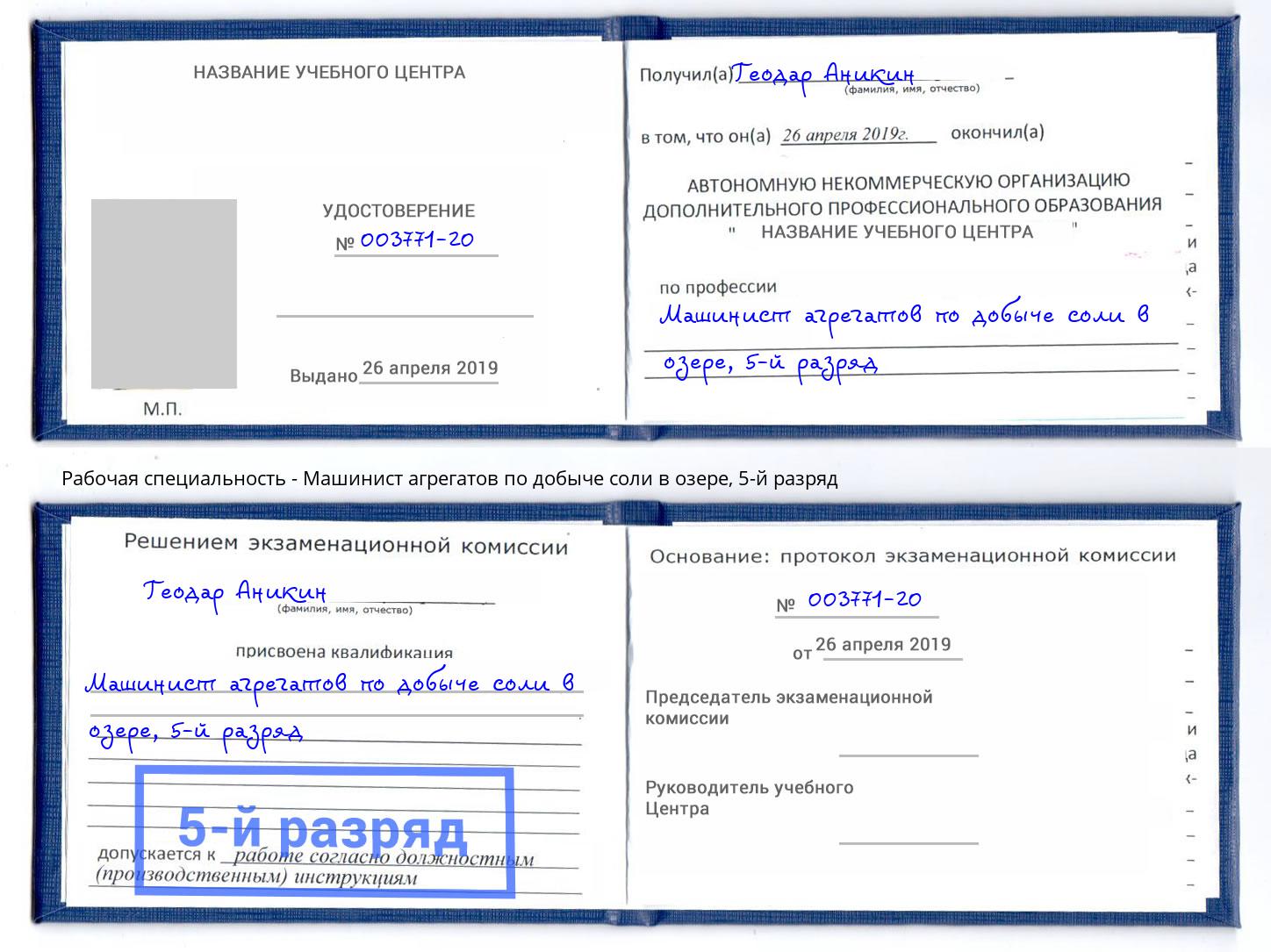 корочка 5-й разряд Машинист агрегатов по добыче соли в озере Петропавловск-Камчатский