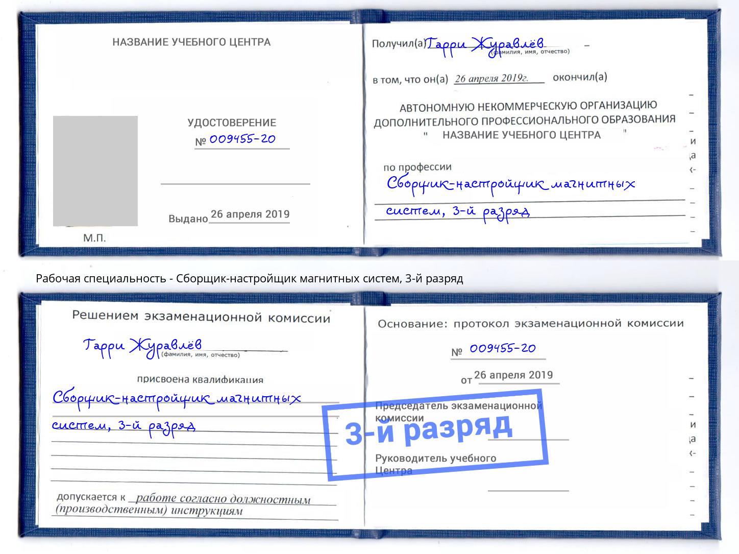 корочка 3-й разряд Сборщик-настройщик магнитных систем Петропавловск-Камчатский