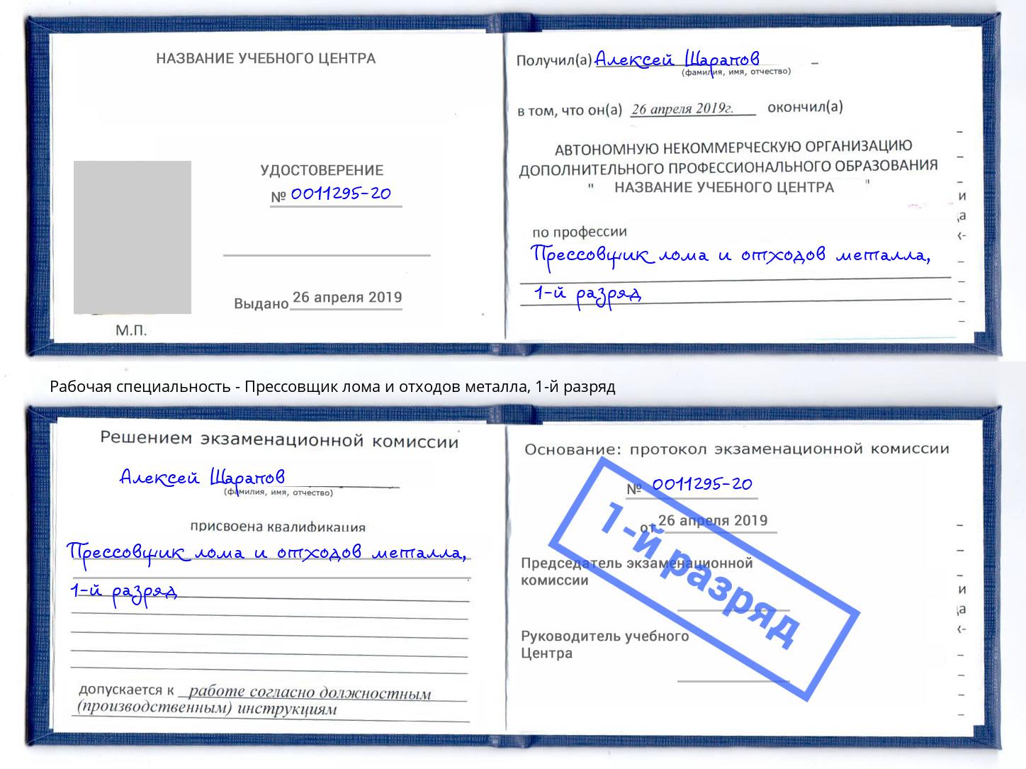 корочка 1-й разряд Прессовщик лома и отходов металла Петропавловск-Камчатский