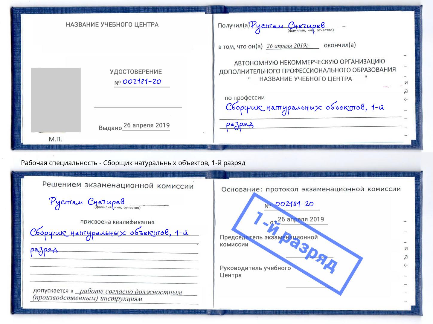 корочка 1-й разряд Сборщик натуральных объектов Петропавловск-Камчатский