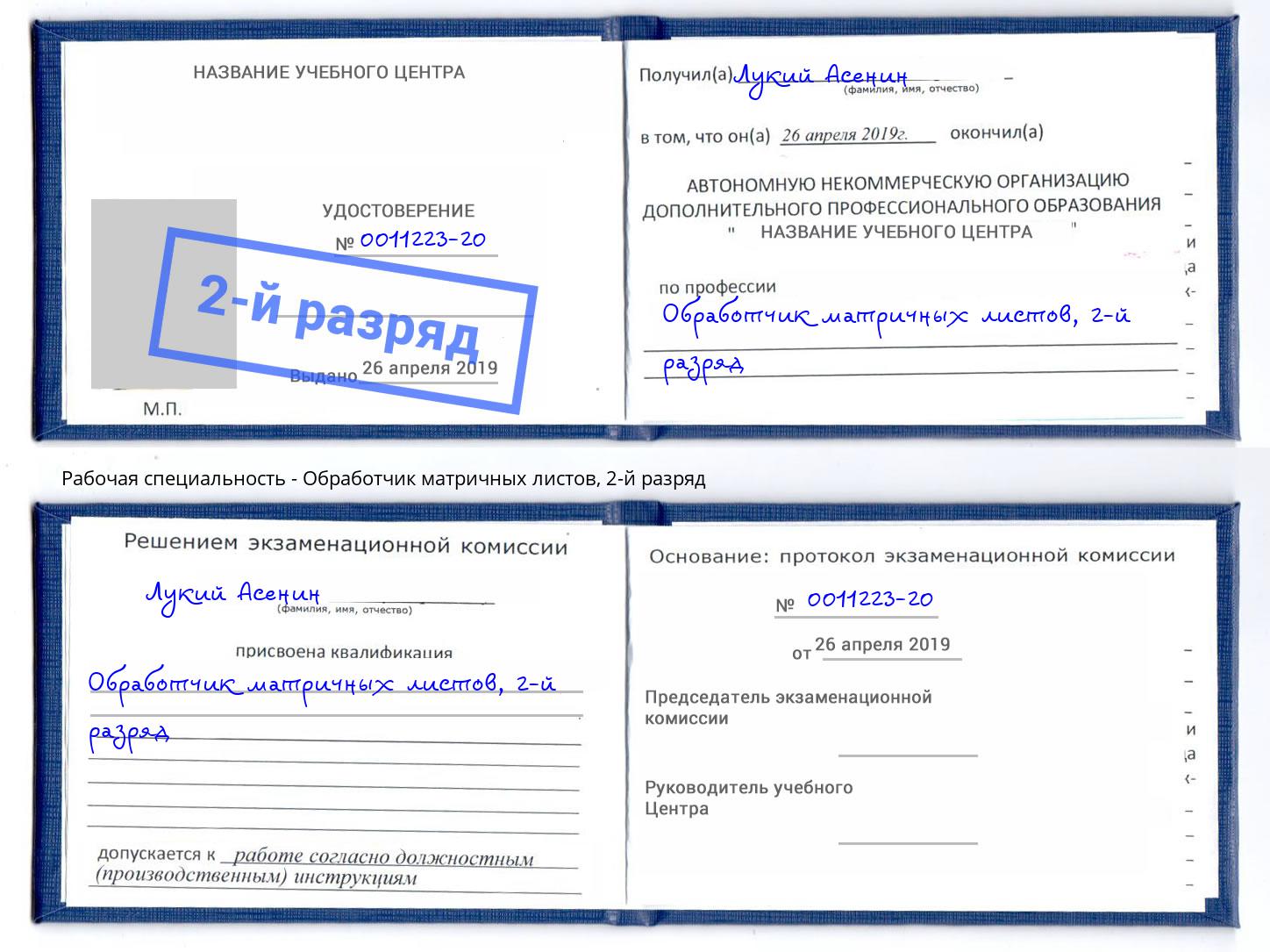 корочка 2-й разряд Обработчик матричных листов Петропавловск-Камчатский