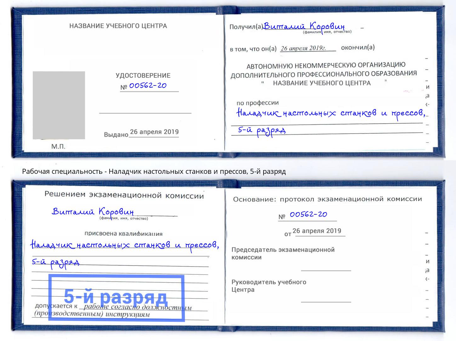 корочка 5-й разряд Наладчик настольных станков и прессов Петропавловск-Камчатский