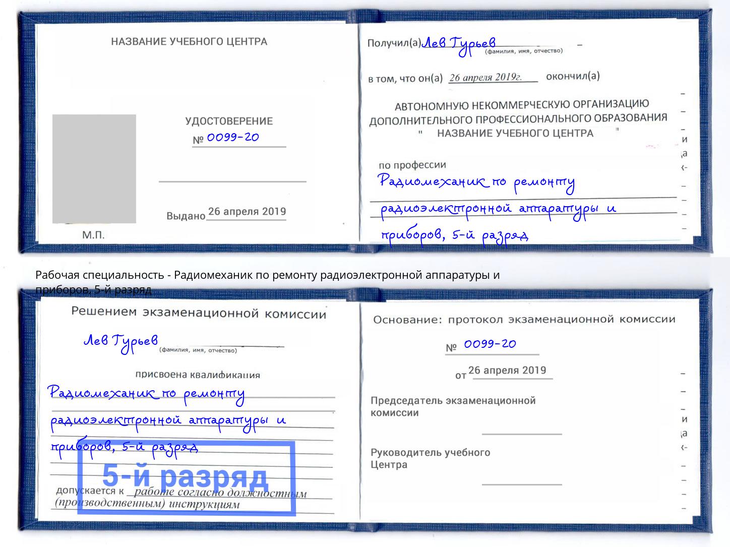 корочка 5-й разряд Радиомеханик по ремонту радиоэлектронной аппаратуры и приборов Петропавловск-Камчатский